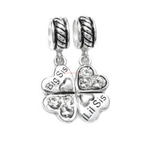 1 Set Sterling Silver Big & Lil Sis Sister Love Heart Clear CZ Clover Dangle Pendant Bead for European Charm Bracelets