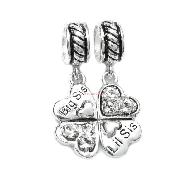 1 Set Sterling Silver Big & Lil Sis Sister Love Heart Clear CZ Clover Dangle Pendant Bead for European Charm Bracelets