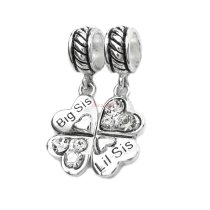 1 Set Sterling Silver Big & Lil Sis Sister Love Heart Clear CZ Clover Dangle Pendant Bead for European Charm Bracelets