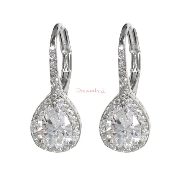 2x Rhodium on 925 Sterling Silver CZ Crystal Teardrop Charm Leverback Ear Wire Earring