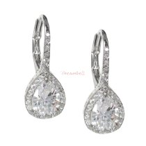2x Rhodium on 925 Sterling Silver CZ Crystal Teardrop Charm Leverback Ear Wire Earring