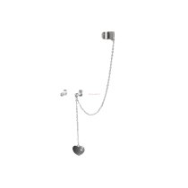1 Pair 925 Sterling Silver CZ Crystal Stud Post Earring with Chain Dangle Heart Tag Ear Cuff Wrap