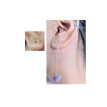 1 Pair 925 Sterling Silver CZ Crystal Stud Post Earring with Chain Dangle Heart Tag Ear Cuff Wrap