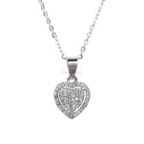 Rhodium on 925 Sterling Silver Love Sweet Heart Clear CZ Crystal Dangle Bead Charm Pendant Chain Necklace w/ 16″ + 2″ Extender