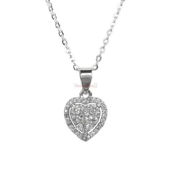 Rhodium on 925 Sterling Silver Love Sweet Heart Clear CZ Crystal Dangle Bead Charm Pendant Chain Necklace w/ 16" + 2" Extender