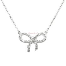Rhodium on 925 Sterling Silver Gift Ribbon Knot Lady Tie Clear CZ Crystal Pendant Charm Link Necklace Chain w/ 16″ + 2″ Extender