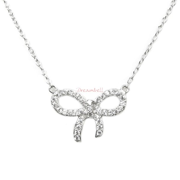 Rhodium on 925 Sterling Silver Gift Ribbon Knot Lady Tie Clear CZ Crystal Pendant Charm Link Necklace Chain w/ 16" + 2" Extender