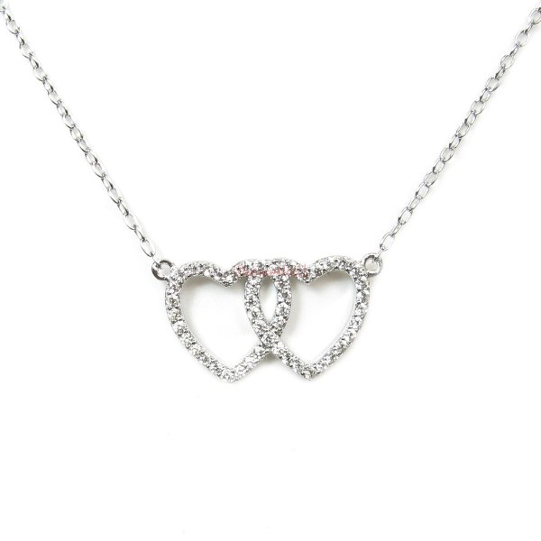 Rhodium on 925 Sterling Silver Love Lock Double Heart Clear CZ Crystal Pendant Charm Link Necklace Chain 16" + 2" Extender