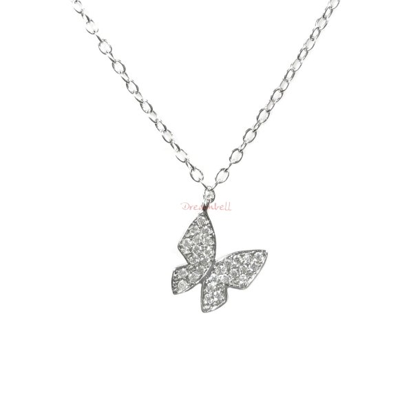 Rhodium on 925 Sterling Silver Butterfly Dangle Clear CZ Crystal Pendant Charm Link Necklace Chain 16" + 2" Extender