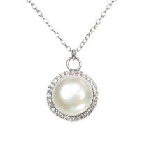 Rhodium on 925 Sterling Silver Clear CZ Crystal Round White Button Fresh Water Pearl Dangle Pendant Charm Link Necklace Chain 16″ + 2″ Extender
