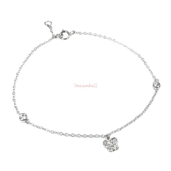 Rhodium on Sterling Silver Butterfly Clear CZ Crystal Charm Link Chain Anklet w/ Extender Spring Clasp 7"