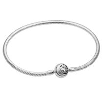Qina C. Rhodium on 925 Sterling Silver 3mm Snake Bracelet with Round Sun Moon Bead Clasp for European Bead Charm 6.5″