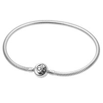 Qina C. Rhodium on 925 Sterling Silver 3mm Snake Bracelet with Round Sun Moon Bead Clasp for European Bead Charm 6.5"