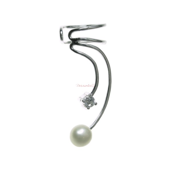 1x 925 Sterling Silver Clear CZ Crystal White Fresh Water Pearl Drop Earring Cuff Ear Wrap for Left Ear