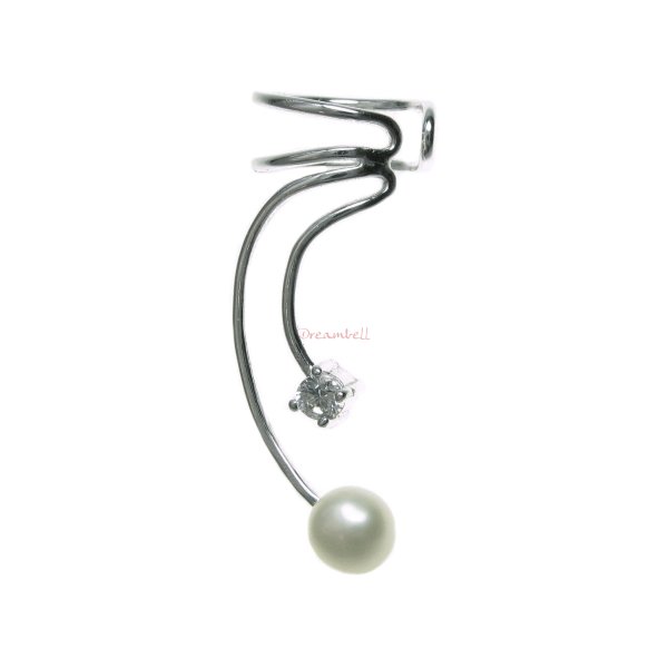 1x 925 Sterling Silver Clear CZ Crystal White Fresh Water Pearl Drop Earring Cuff / Ear Wrap for Right Ear