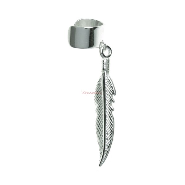 1x 925 Sterling Silver Feather Dangle Charm Earring Cuff / Ear Cuffs Wrap