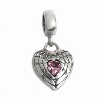 Sterling Silver Follow Your Heart Angel Wing Pink CZ Crystal Dangle Pendant Bead for European Charm Bracelets