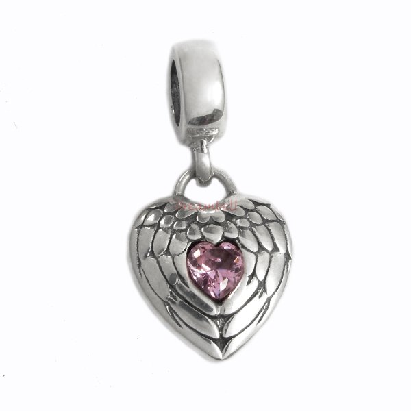 Sterling Silver Follow Your Heart Angel Wing Pink CZ Crystal Dangle Pendant Bead for European Charm Bracelets