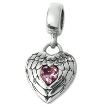 Sterling Silver Follow Your Heart Angel Wing Pink CZ Crystal Dangle Pendant Bead for European Charm Bracelets