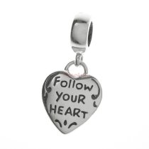 Sterling Silver Follow Your Heart Angel Wing Pink CZ Crystal Dangle Pendant Bead for European Charm Bracelets