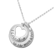 925 Sterling Silver "I Love You to the Moon & Back" Round Heart Dangle Charm Pendant Rolo Chain Necklace 16"+2" Extender
