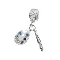 Sterling Silver Painter Drawing Art Brush Palette CZ Crystal Dangle Pendant Bead for European Charm Bracelets