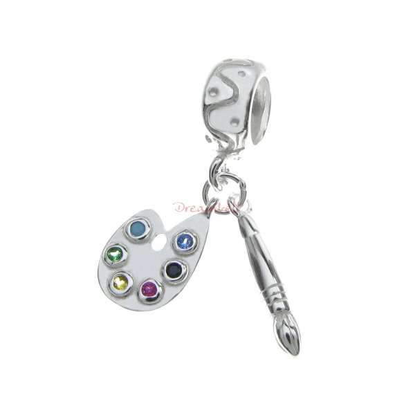 Sterling Silver Painter Drawing Art Brush Palette CZ Crystal Dangle Pendant Bead for European Charm Bracelets
