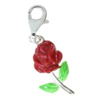 Sterling Silver Enamel Valentine Rose Flower Dangle Pendant European Lobster Clip on Charm