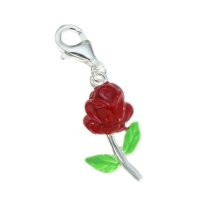 Sterling Silver Enamel Valentine Rose Flower Dangle Pendant European Lobster Clip on Charm