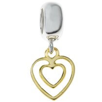 14k Gold Plated 925 Sterling Silver Valentine Double Heart Love Dangle Pendant Bead for European Charm Bracelets