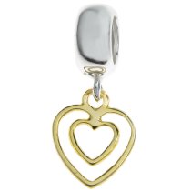 14k Gold Plated 925 Sterling Silver Valentine Double Heart Love Dangle Pendant Bead for European Charm Bracelets