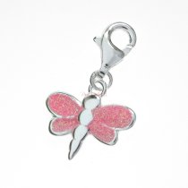 Sterling Silver Enamel Glitter Dragonfly Dangle Pendant European Lobster Clip on Charm