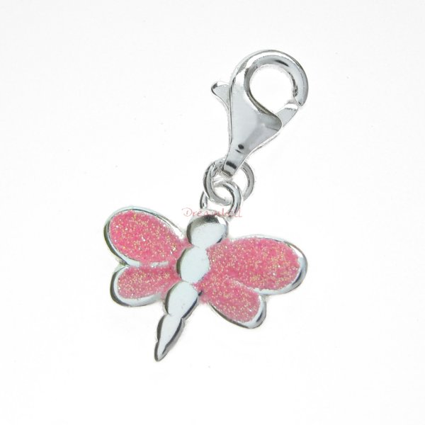 Sterling Silver Enamel Glitter Dragonfly Dangle Pendant European Lobster Clip on Charm