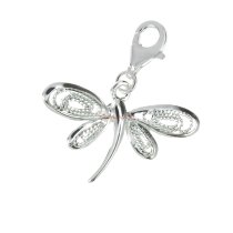 Sterling Silver Filigree Dragonfly Dangle Pendant European Lobster Clip on Charm