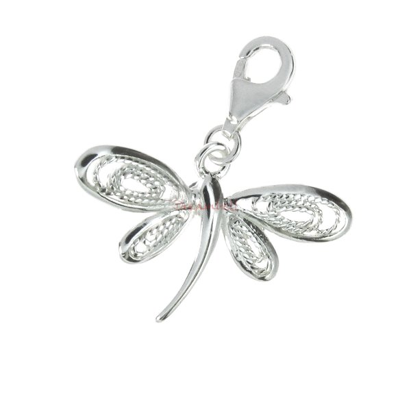 Sterling Silver Filigree Dragonfly Dangle Pendant European Lobster Clip on Charm