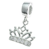 .925 Sterling Silver Crown Clear CZ Crystal Dangle Bead for European Charm Bracelet