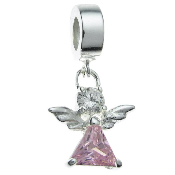 .925 Sterling Silver Little Angel Pink Clear CZ Crystal Dangle Bead for European Charm Bracelets