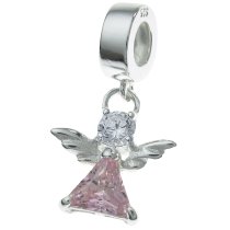 .925 Sterling Silver Little Angel Pink Clear CZ Crystal Dangle Bead for European Charm Bracelets