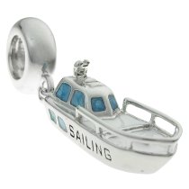 Rhodium on Sterling Silver Ship Sailing Yacht Blue White Enamel Dangle Bead for European Charm Bracelet