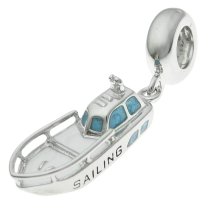 Rhodium on Sterling Silver Ship Sailing Yacht Blue White Enamel Dangle Bead for European Charm Bracelet