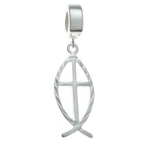 .925 Sterling Silver Christian Fish Faith Dangle Pendant Bead for European Charm Bracelet
