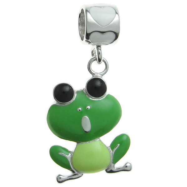 Rhodium on Sterling Silver Lovely Frog Green Enamel Dangle Bead for European Charm Bracelet
