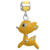Rhodium on 925 Sterling Silver Baby Fallow Deer Orange Enamel Dangle Bead for European Charm Bracelet