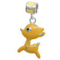 Rhodium on 925 Sterling Silver Baby Fallow Deer Orange Enamel Dangle Bead for European Charm Bracelet
