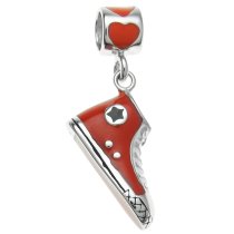 Rhodium on 925 Sterling Silver Love Sneaker Shoe Red Enamel Dangle Bead for European Charm Bracelet
