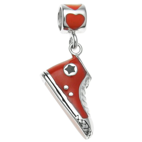 Rhodium on 925 Sterling Silver Love Sneaker Shoe Red Enamel Dangle Bead for European Charm Bracelet