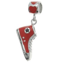 Rhodium on 925 Sterling Silver Love Sneaker Shoe Red Enamel Dangle Bead for European Charm Bracelet
