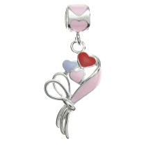Rhodium on Sterling Silver Love Ribbon Valentine's Day Pink Red Enamel Dangle Bead for European Charm Bracelet
