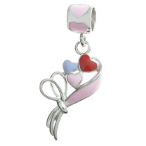Rhodium on Sterling Silver Love Ribbon Valentine's Day Pink Red Enamel Dangle Bead for European Charm Bracelet