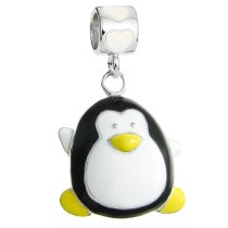 Rhodium on Sterling Silver Lovely Penguin White Black Yellow Enamel Dangle Bead for European Charm Bracelet